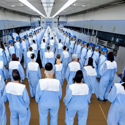 Prompt: troop of females of varying heights and body shapes in formation, white hair, tight light blue neopren suits, in rows, futuristic chemistry lab, sci - fi, highly detailed, cinematic