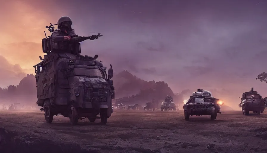 Image similar to a militarized police vehicle riding through a kerala village, furious action scene, an epic fantasy, dramatic lighting, cinematic, establishing shot, extremely high detail, photorealistic, cinematic lighting, artstation, matte painting, octane render, hdr, by simon stalenhag, horizon forbidden west