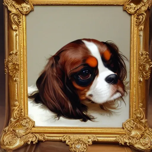 Image similar to a cavalier king charles spaniel who is really bored, tired, lying on a sofa with pillows, oil on canvas, by artgerm and greg rutkowski and alphonse mucha