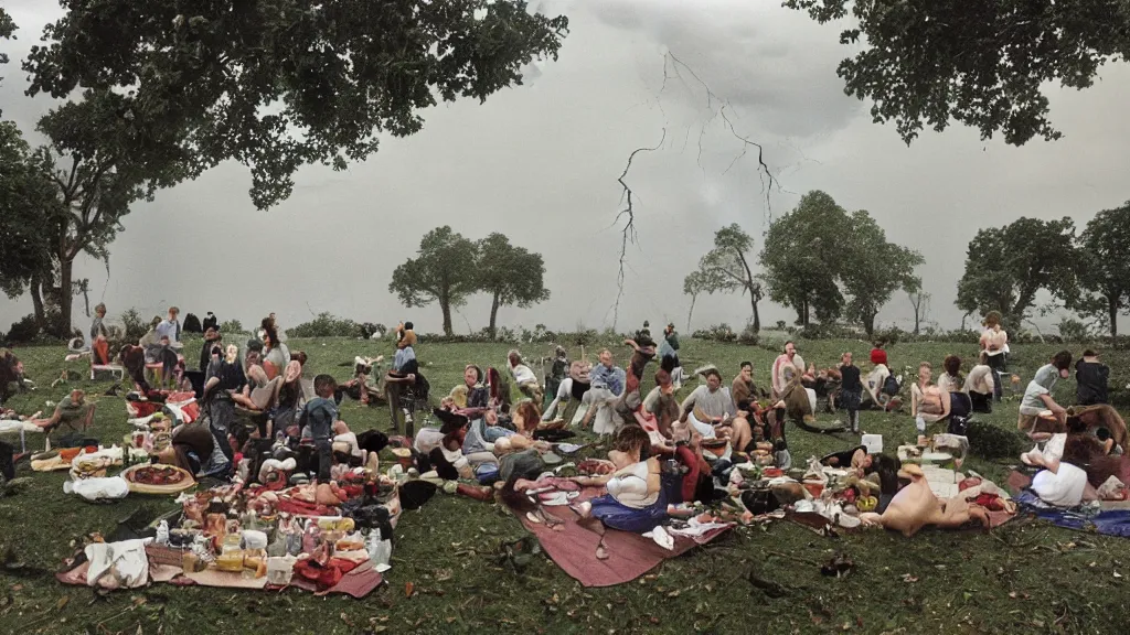 Prompt: climate change disaster, lightning, hurricane, hailstorm, gale force winds, floods, as seen by a people having picnic in a park, large-format photography, wide angle