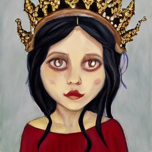 Prompt: a beautiful girl with long black hair pale sking and a crown on her head, art by naomi savoie