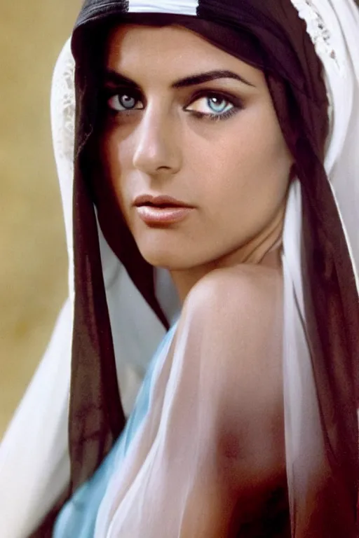 Prompt: young Monica Belluci as an Arab woman, tanned skintone, bright blue eyes, white veil, serious face, light blue dress, closeup portrait