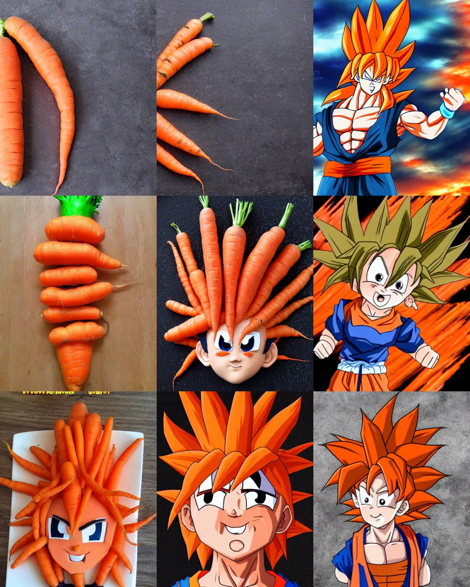 Prompt: a photo of a carrot, carrot vegetable fusion with goku's hair made out of carrots