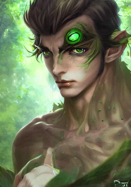 Image similar to A realistic anime portrait of a handsome dryad joker with glowing green eyes and tree bark skin wearing clothes made of leaves, digital painting, by Stanley Artgerm Lau, Sakimichan, WLOP and Rossdraws, digtial painting, trending on ArtStation, SFW version