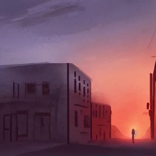 Image similar to photo of abandoned town, red sky, glowing red sun, concept art