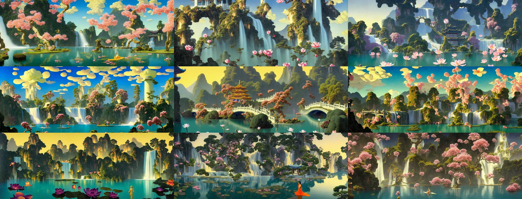 Image similar to a gorgeous painting by barlowe wayne, maxfield parrish and marco mazzoni. xanadu chinese temple on a platform that extends over a great waterfall, a huge tallest magnificent peach blossom tree glowing, bridge. azure. ultra clear detailed. 3 d, octane render. a lake full of lotus flowers, chinese cloud. 8 k.