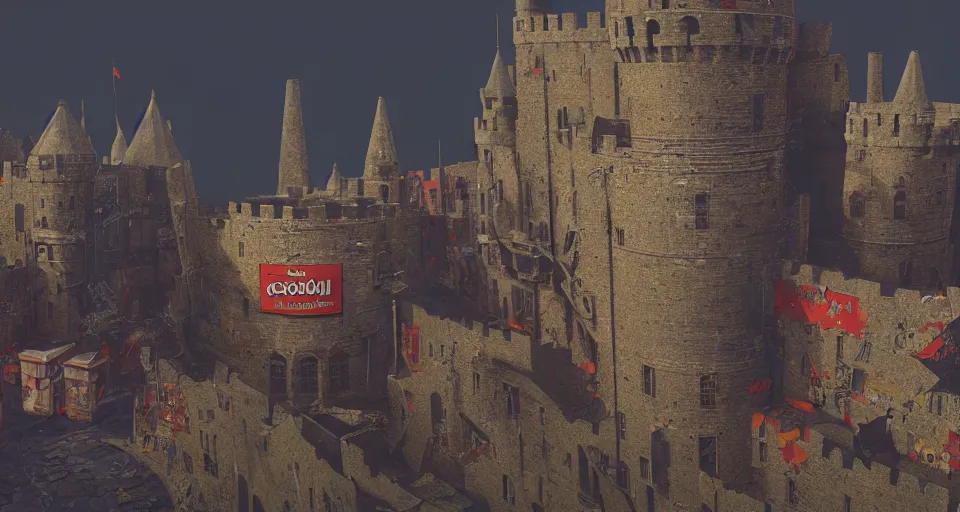 Image similar to ONE!!! GIANT HUGE CAMPBELL SOUP CAN CRASHED!!! INTO a Medieval city!!!!, Soup can crashed into a castle!!!! rendered by Beeple, environment concept, digital art, unreal engine, 3 point perspective, trending on artstation, low level, 4K UHD image, octane render,