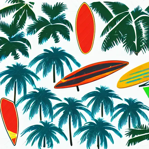 Prompt: surfboards next to palm trees on the beach, vibrant logo, stickers, isometric