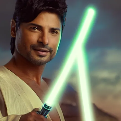 Prompt: Chayanne the singer as a jedi in star wars, holding a lightsabre. splash art, cinematic lighting, dramatic, octane render, long lens, shallow depth of field, bokeh, anamorphic lens flare, 8k, hyper detailed, 35mm film grain