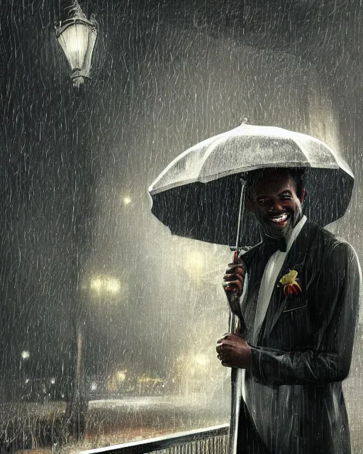 Image similar to a highly detailed portrait of black man smiling in the rain in a back tuxedo, intricate, digital painting, old english, raining, sepia, particles floating, whimsical background by marc simonetti, artwork by liam wong