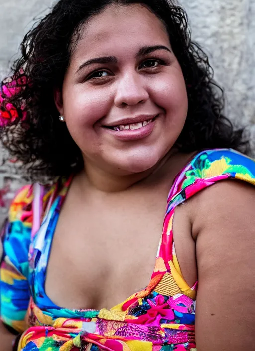 Image similar to close up portrait of a beautiful, chubby, 30-year-old Cuban woman, happy, candid street portrait in the style of Martin Schoeller, award winning, Sony a7R