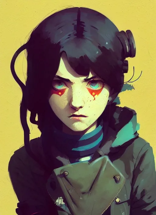 Image similar to highly detailed portrait of a moody sewerpunk young adult lady by atey ghailan, by greg rutkowski, by greg, tocchini, by james gilleard, by joe fenton, by kaethe butcher, gradient yellow, black, brown and cyan color scheme, grunge aesthetic!!! ( ( graffiti tag city background ) )