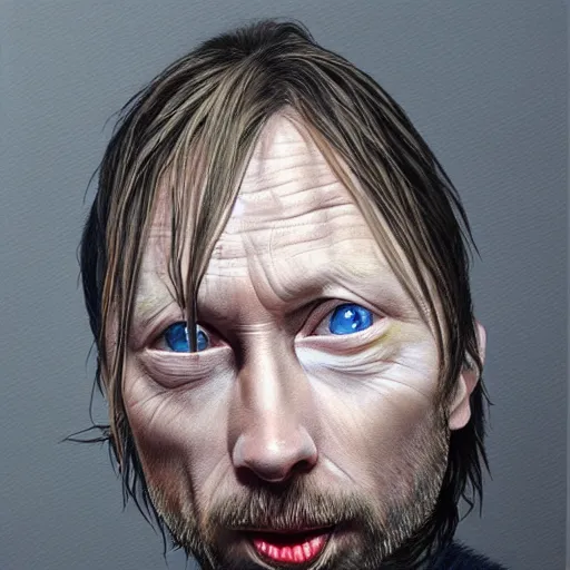 Prompt: Caricature portraits done of Thom Yorke, realistic, hyperrealistic, very realistic, highly detailed, very detailed, extremely detailed, detailed, oil painting, digital art, trending on artstation