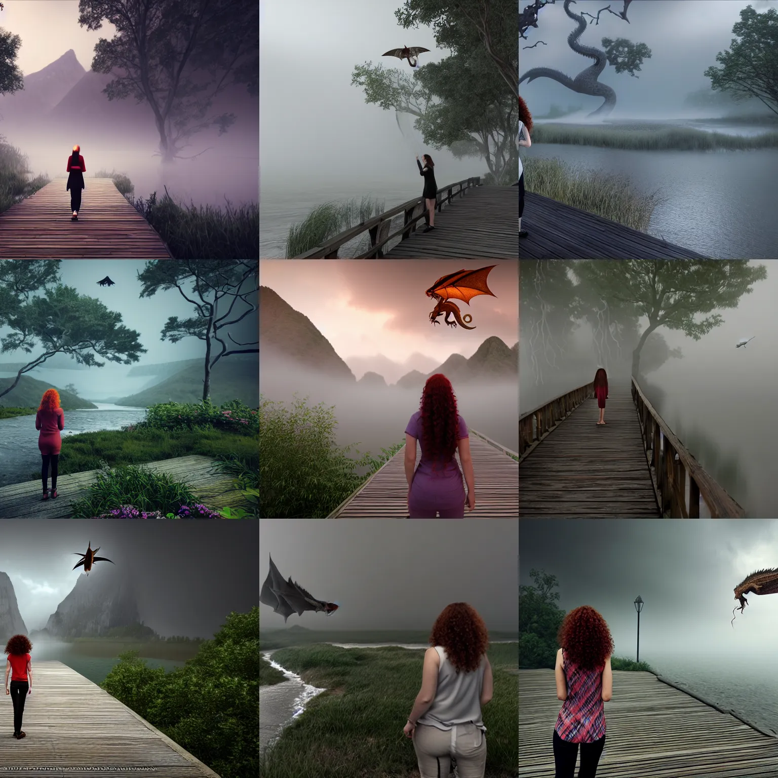 Prompt: a woman with curly long redhair standing in a boardwalk on top of a river looking at a dragon flying out of the mountains in a fog during a thunderous weather. Unreal Engine 3D Render