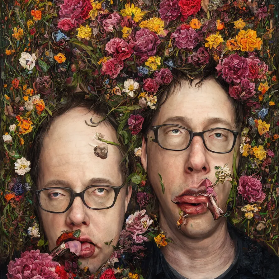 Image similar to male portrait of the john zorn todd solondz eating rotten flesh and puking blood, surrounded by flowers by karol bak, james jean, tom bagshaw, rococo, trending on artstation, cinematic lighting, hyper realism, octane render, 8 k, hyper detailed.