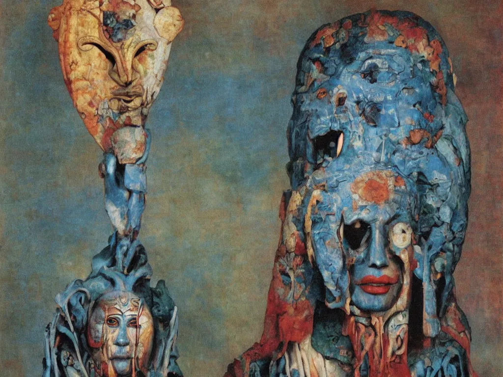 Image similar to Albino mystic with blue eyes, looking in the distance at giant Oceanian totemic archaic sculpture mound mask made from Malachite in the strange ravine. Painting by Jan van Eyck, Beksinski, Rene Magritte, Agnes Pelton, Max Ernst, Walton Ford