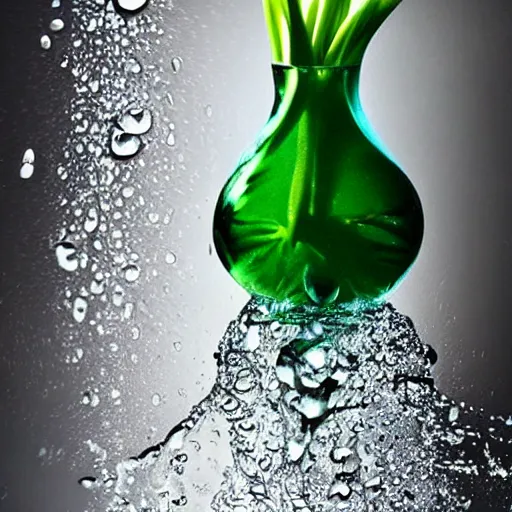 Prompt: a water drop falling in a vase filled with water that spills