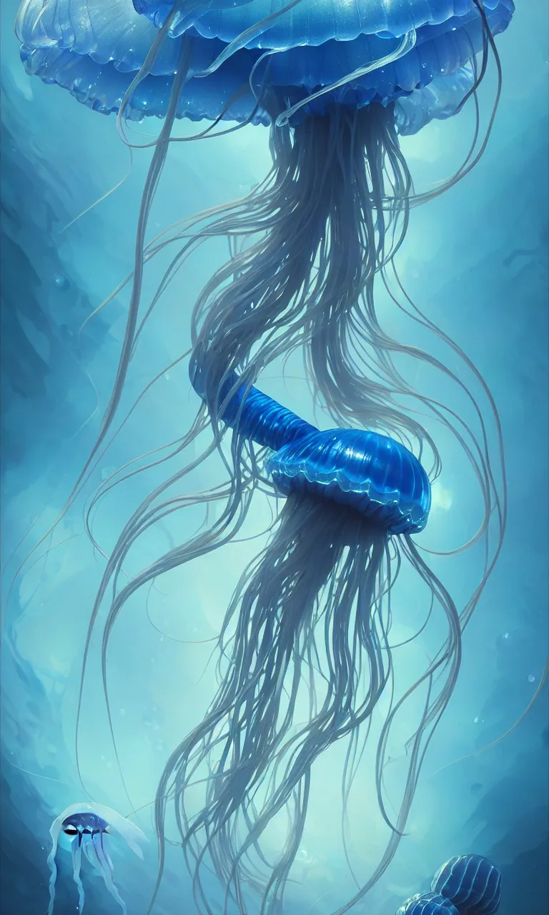 Image similar to detailed jellyfish, blue tones, underwater, full frame, highly detailed, digital painting, artstation, concept art, smooth, sharp focus, illustration, art greg rutkowski and alphonse mucha