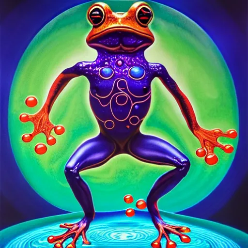 Prompt: an anthropomorphic bipedal frog that is wearing vibrant robes, a matte oil painting by alex grey, in the style of a d & d character, floating bubbles, extreme pose, magic fog, concept art, award - winning, extremely detailed, sharp focus, 4 k