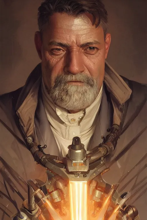 Image similar to a middle aged man as an artillery projectile, realistic painting, symmetrical, highly detailed, digital painting, artstation, concept art, smooth, sharp focus, illustration, cinematic lighting, art by artgerm and greg rutkowski and alphonse mucha