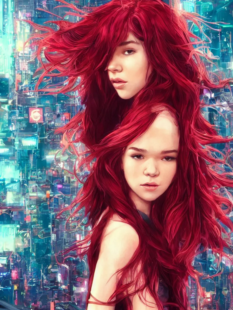 Image similar to Hailee Steinfeld with red hair in 1970's fashion, cyberpunk background, intricate, highly detailed, digital painting, artstation, official media, anime key visual, concept art, rich vivid colors, ambient lighting, sharp focus, illustration, art by Ayami Kojima and Hsiao-Ron Cheng