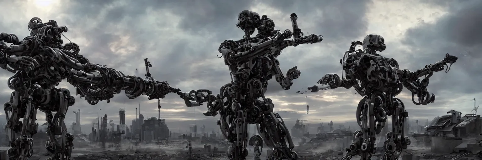 Image similar to A futuristic science-fiction mechanical skull robot is holding PKM machine gun in hand, sniper rifle on his back, his pet mechanical dog barking ferociously with fangs out, bones scattered on road, evening sunset, photorealistic, 4k, ultra realistic, unreal engine, octane render, artstation