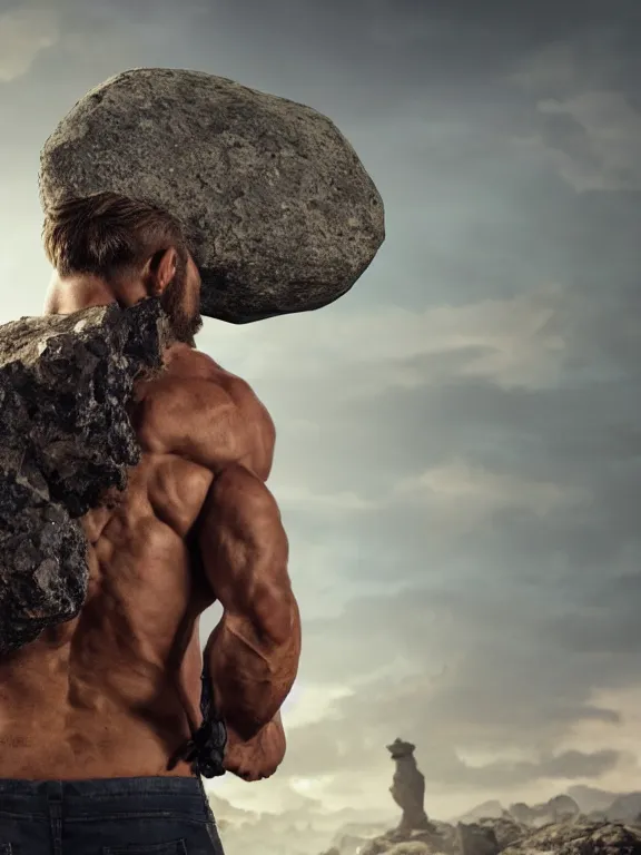 Image similar to a muscular man wearing torn clothes carrying a giant stone on his back, big beard, bold, hyperrealistic, concept art, octane render, unreal engine 5, trending on artstation, high quality, 8 k, anatomically correct, five fingers, digital art, symmetrical, low contrast, epic scene, cinematic, dramatic lighting, high coherence