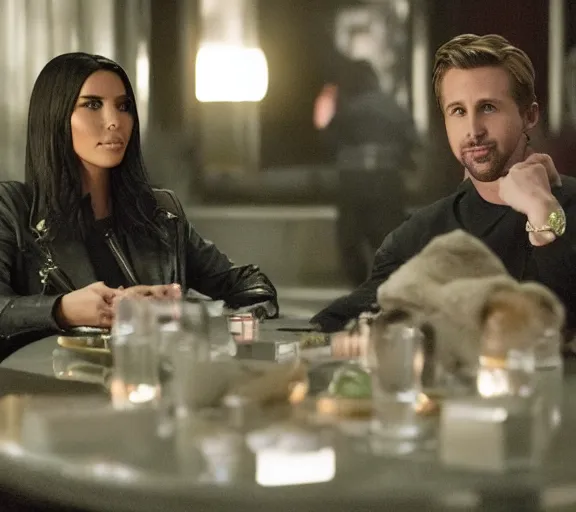 Image similar to a movie still of kim kardashian sitting with ryan gosling in the movie blade runner 2 0 4 9