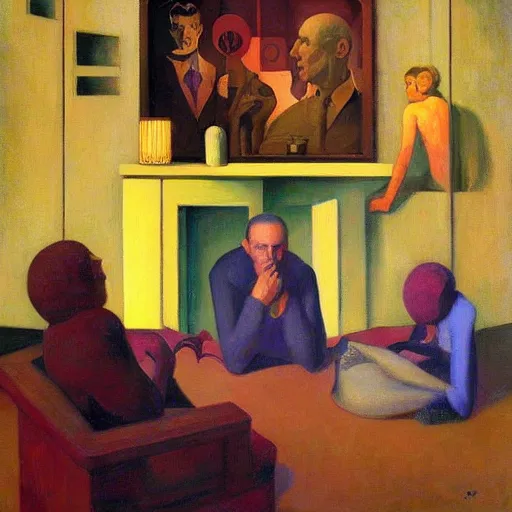 Prompt: three brutalist seers watchers oracles soothsayers portrait, pj crook, grant wood, edward hopper, syd mead, oil on canvas