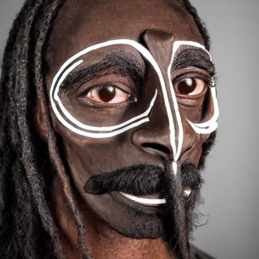 Image similar to dark brown African mask resembling snoop dogg, photography, realistic