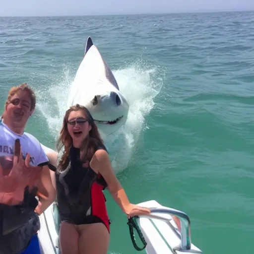 Image similar to great - white shark jumping out of the water posing for a photo with people on a boat