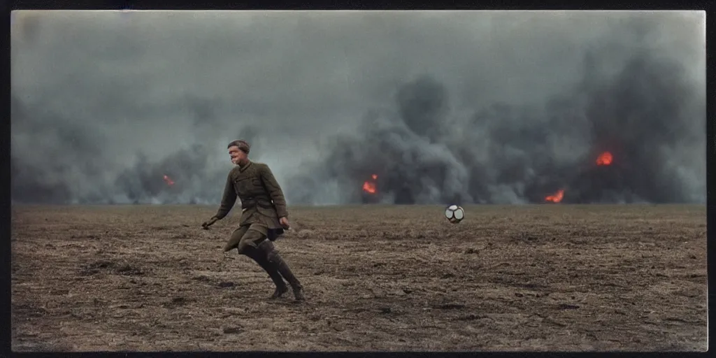 Image similar to detailed medium format photo, polaroid still from tarkovsky movie, erling haaland playing soccer on a ww 1 battlefield, explosions in the background haze, high production value, intricate details, 8 k resolution, hyperrealistic, hdr, photorealistic, high definition, tehnicolor, award - winning photography, masterpiece, amazing colors