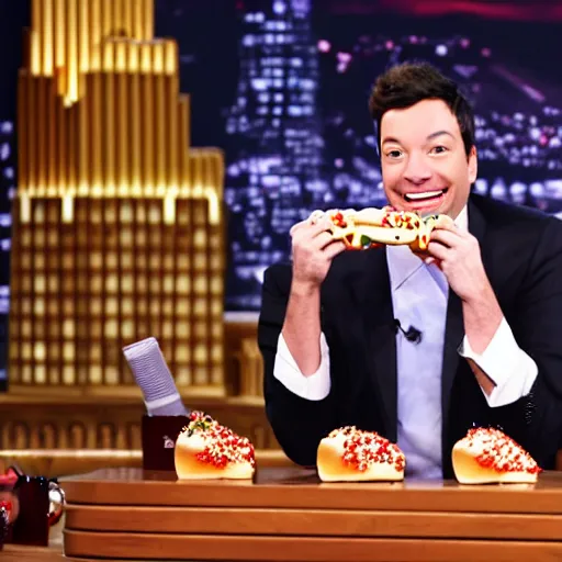 Prompt: Jimmy Fallon eating 4 hot dogs at once on the Tonight Show, getty images