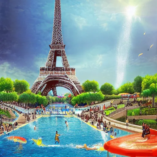 Image similar to paris eiffel tower waterpark with water slides, digital art, epic composition, highly detailed, cinematic lighting