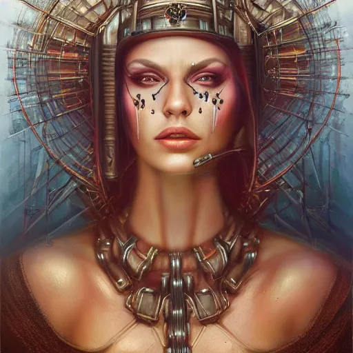 Prompt: A detailed portrait of a cyberpunk queen with machine crown by tomasz alen kopera, trending on artstation,