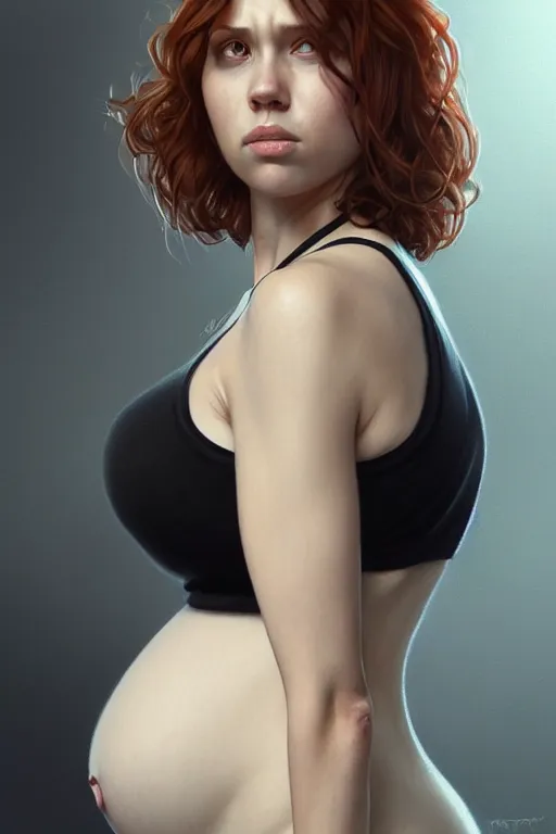 Prompt: pregnant black widow in a white tank top, realistic portrait, symmetrical, highly detailed, digital painting, artstation, concept art, smooth, sharp focus, illustration, cinematic lighting, art by artgerm and greg rutkowski and alphonse mucha