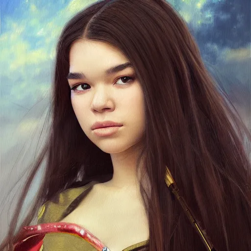 Prompt: realistic Portrait painting of a Hailee Steinfeld as Garo from Japan, made by Gustave Courbet, physical painting, Sharp focus,digital art, bright colors,fine art, trending on Artstation, unreal engine.