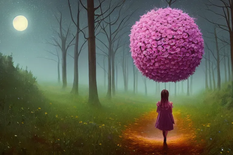 Image similar to giant bunch of daisy flowers head, girl walking in dark forest, surreal photography, dark night, stars, moon light, impressionist painting, clouds, digital painting, artstation, simon stalenhag