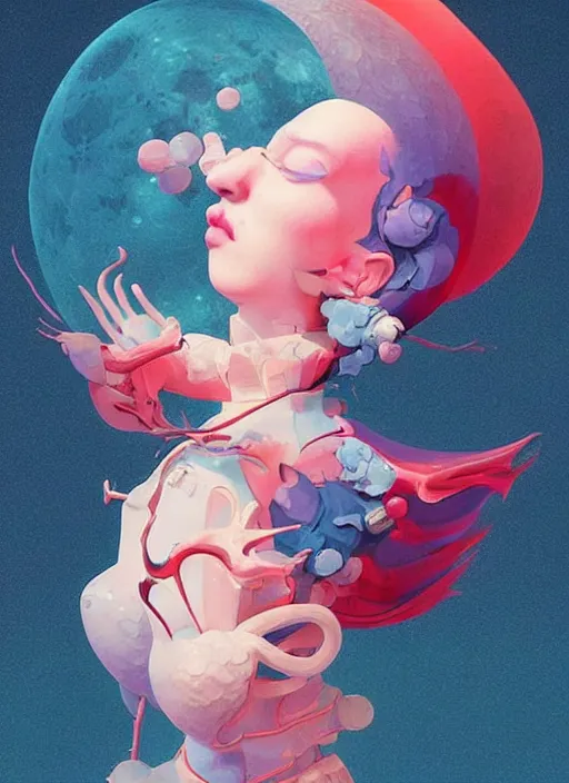 Prompt: colourful caricature - 3 d vfx art - of a the moon, art style by james jean & hsiao - ron cheng, character concept art, unreal engine render, digital illustration, sharp, intricate detail, volumetric light, ray tracing, soft light, symmetric, pinterest, artstation, behance,