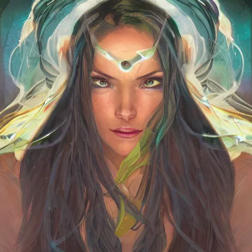 Image similar to cyborg, female, fantasy, bioluminiscence, flowing hair, portrait, highly detailed, digital painting, beautiful eyes, symmetry, concept art, sharp focus, illustration, art by artgerm and greg rutkowski and magali villeneuve and ilya kuvshinov! : : alphonse mucha : : - 0. 2