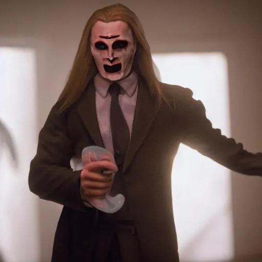 Image similar to arthas menethil as the american psycho, cinematic still