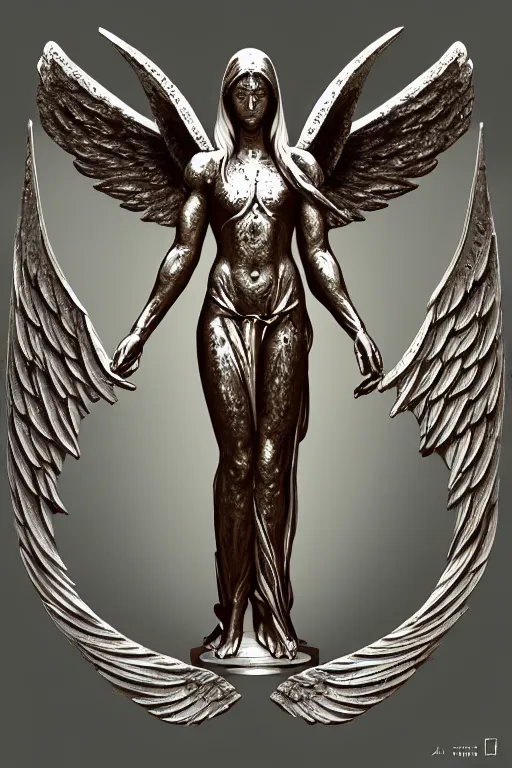 Prompt: Old angel symbol of archangel Gabriel. Symbol made out of metal. Cooper lining ,intricate, elegant, highly detailed, digital painting, artstation, concept art, smooth, sharp focus, illustration, art by Ilja Repin