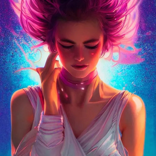 Image similar to young woman, gorgeous face, vaporwave aesthetic, synthwave, colorful, psychedelic, broken, shattered, beaten, sadness, crying, tears, artstation, concept art, smooth, extremely sharp detail, finely tuned detail, 8 k, ultra sharp focus, illustration, art by artgerm and greg rutkowski and alphonse mucha