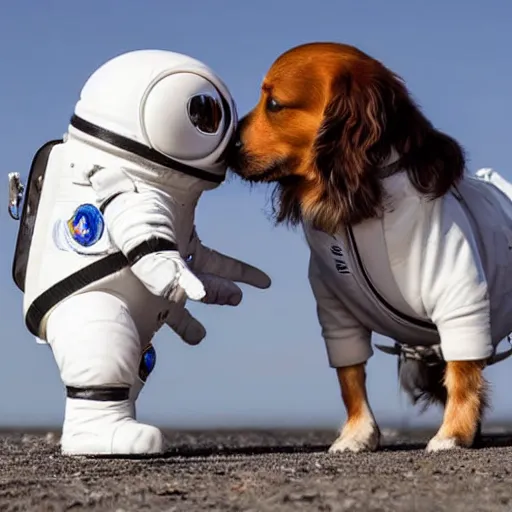 Image similar to two kooikerhondje kissing wearing an astronaut suit in the moon