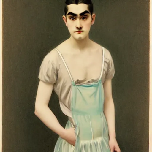 Image similar to full body painting of grumpy handsome thin beautiful man with thick eyebrows in his 2 0 s named min - jun in a french maid outfit, modern clothing, elegant, clear, painting, stylized, delicate facial features, stylized thin lines, soft but grumpy, highly detailed, art, art by egon alphonse yamamoto