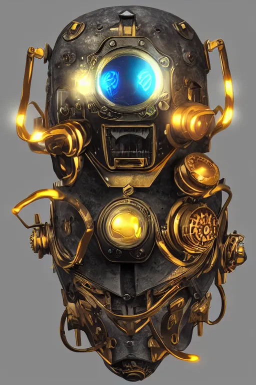 Image similar to steampunk mask minimalist fantasy art robot ninja helmet, global illumination ray tracing hdr fanart arstation by sung choi and eric pfeiffer and gabriel garza and casper konefal radiating a glowing aura