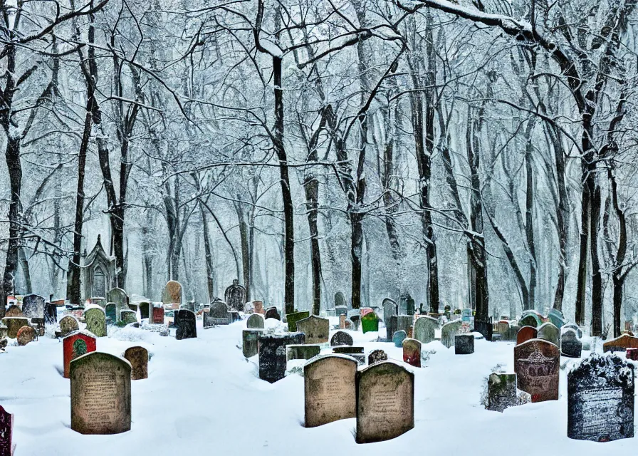 Image similar to forest with a graveyard covered in snow, colored papre collage