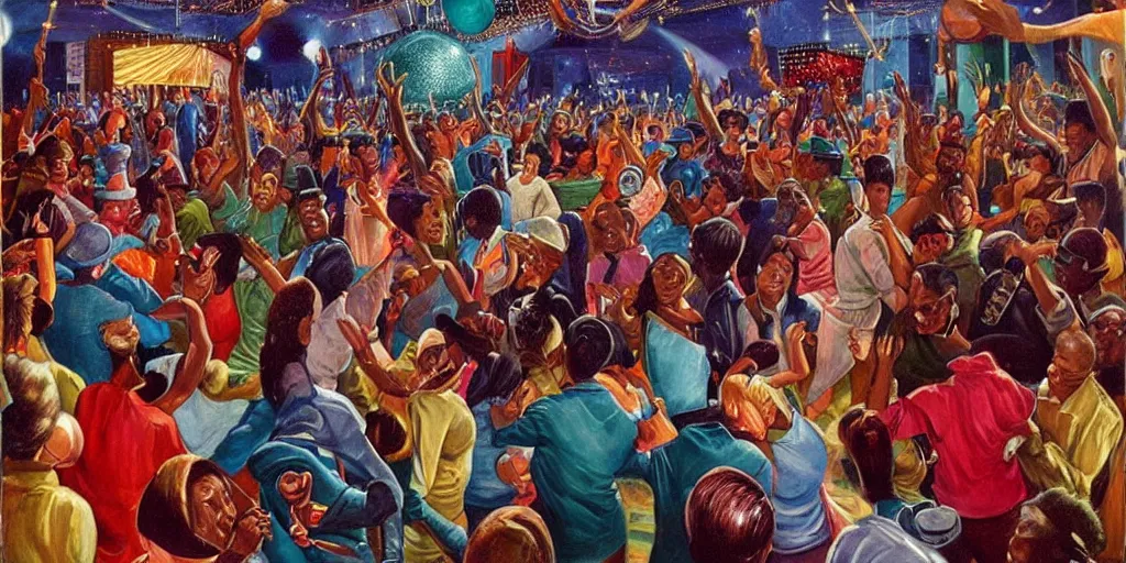 Image similar to a crowd of people dancing underneath a disco ball, painting by ernie barnes, super - detailed, a lot of tiny details, fullshot
