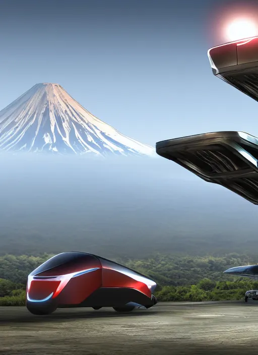 Prompt: a futuristic magical solarpunk tesla cyber truck vehicle hover craft in the future of 2 0 8 9 futuristic version, dieselpunk look, elegant automotive parts shape, aero dynamic, digital art. trending on artstation. cyberpunk look hovering by mount fuji early in the morning with a few blossom trees around, high quality photo