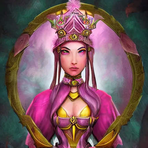 Image similar to pink lotus flower warrior queen wearing pink floral lotus crown, hearthstone art style, epic fantasy style art, fantasy epic digital art, epic fantasy card game art